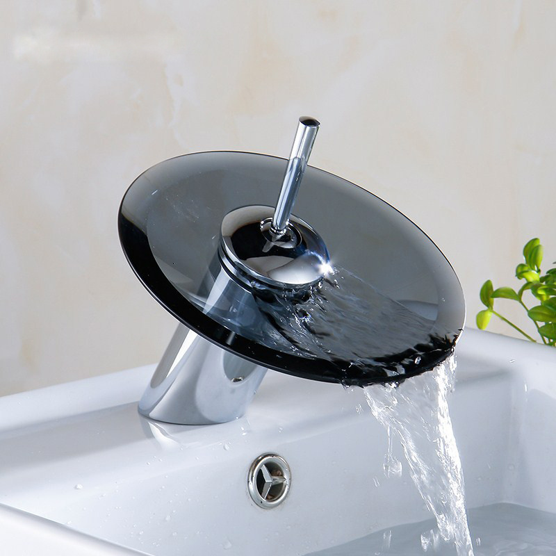 Black Glass Taps Bathroom Waterfall Sink Faucet