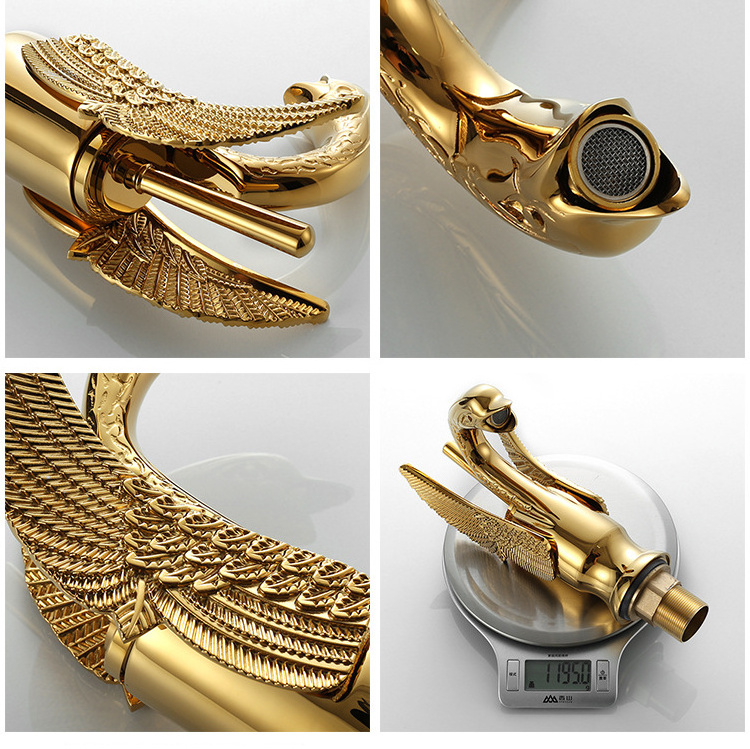 Luxurious Ornate Gold Faucet Tap Mixer Graven Swan Design Sink Basin Faucet Bathroom Animal Cold and Hot Water Faucet