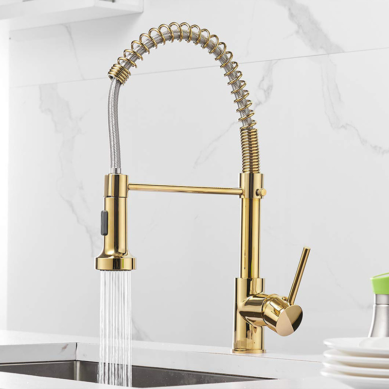 Single Handle Pull Down Spring Spout Mixers Tap Brass Faucets for Kitchen Sink Kitchen Pull Out Taps Gold Brushed Kitchen Faucet