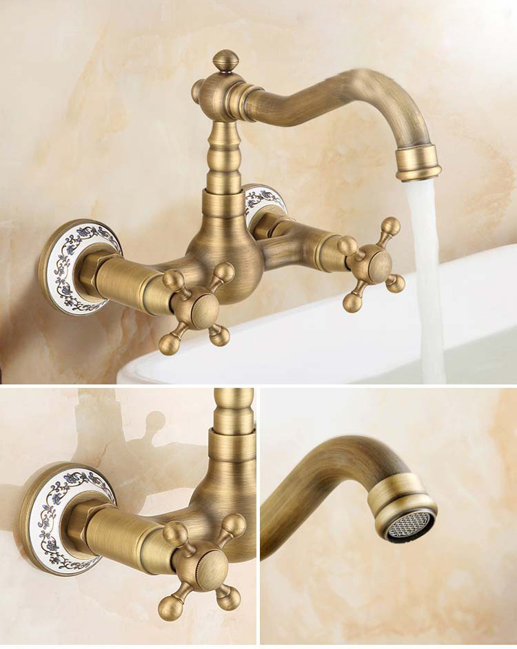 Wall Mounted Antique Brass Kitchen Faucet with Double Cross Handle Wall Kitchen Tap Mixer