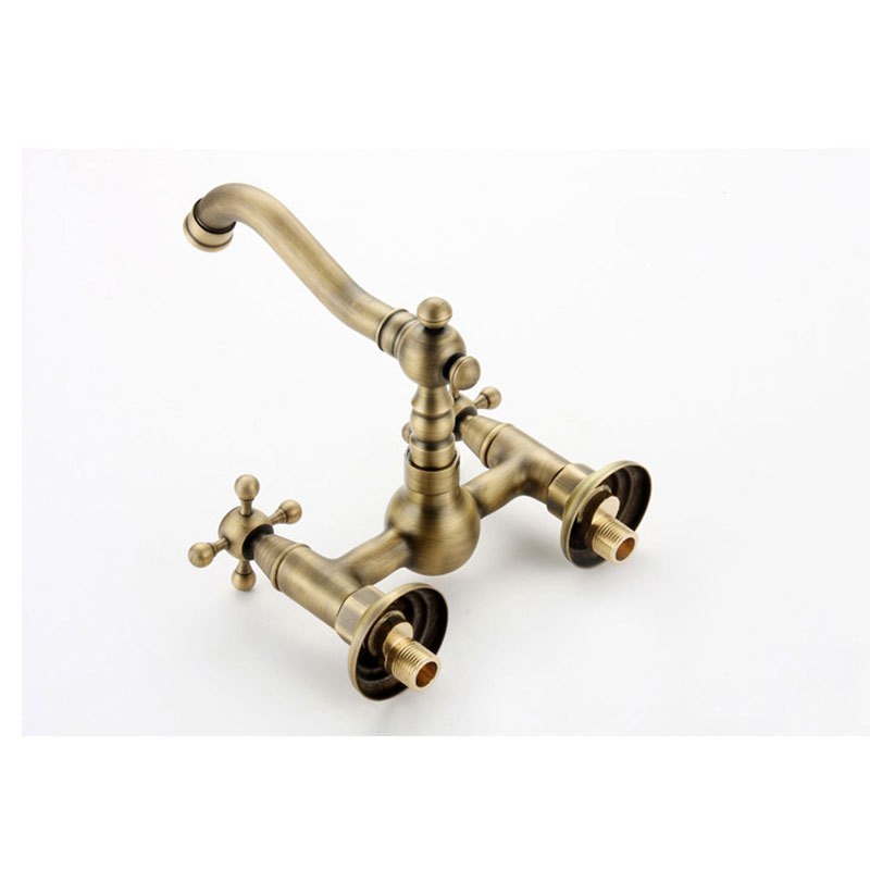 Wall Mounted Antique Brass Kitchen Faucet with Double Cross Handle Wall Kitchen Tap Mixer