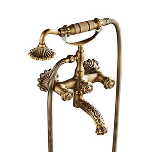 Antique Brass Bathtub Faucet Wall Mounted Shower Mixer Tap with Telephone Hand Shower