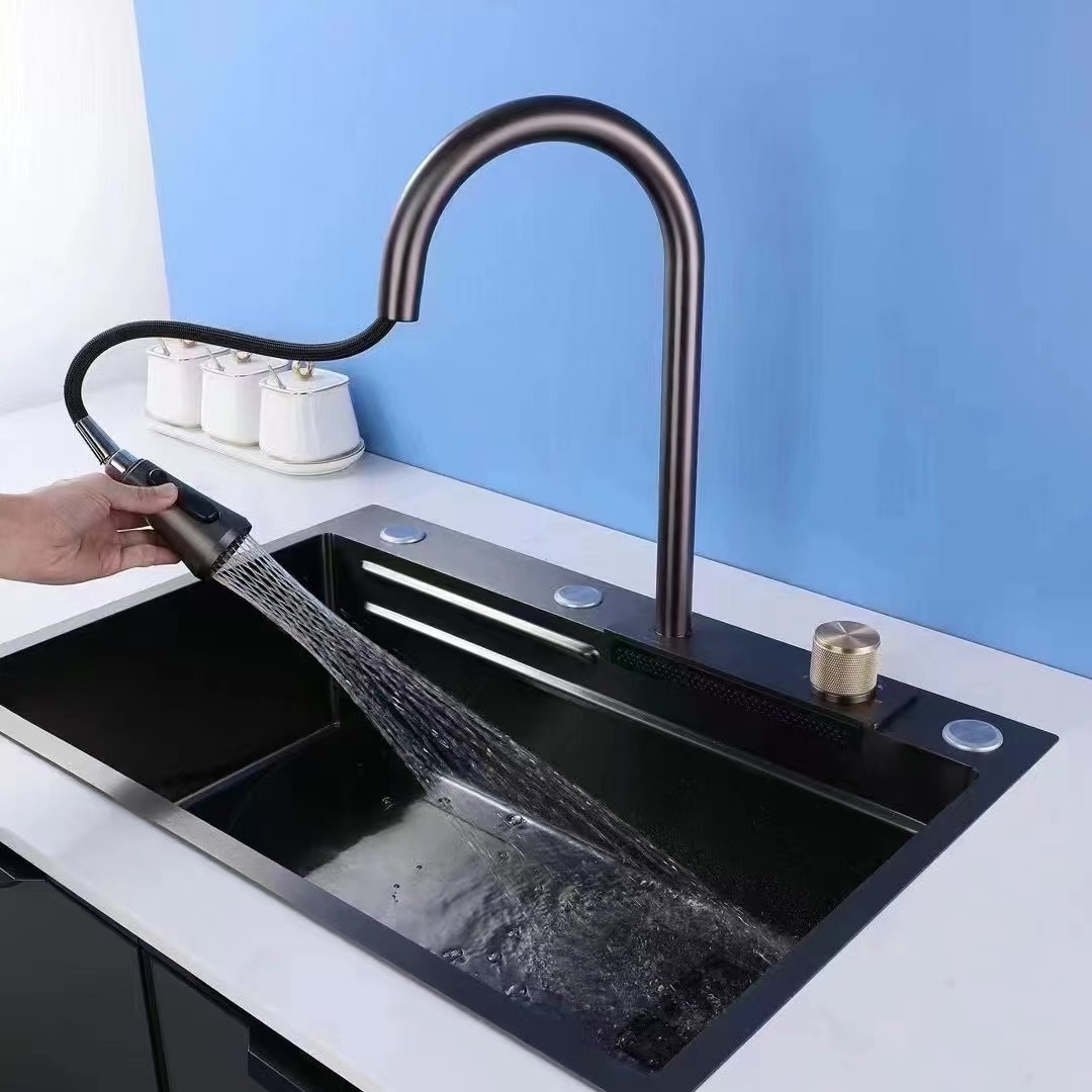 Modern 304 Stainless Steel Smart Pull out Kitchen Sink Faucet Gray Gun Kitchen Faucet Waterfall kitchen faucet