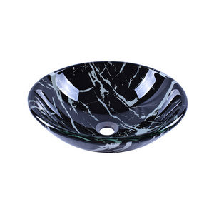 Bathroom Round Tempered Glass Wash Basin Vessel Sink With Artistic Marbling Pattern Above Counter Vanity Sink bowl