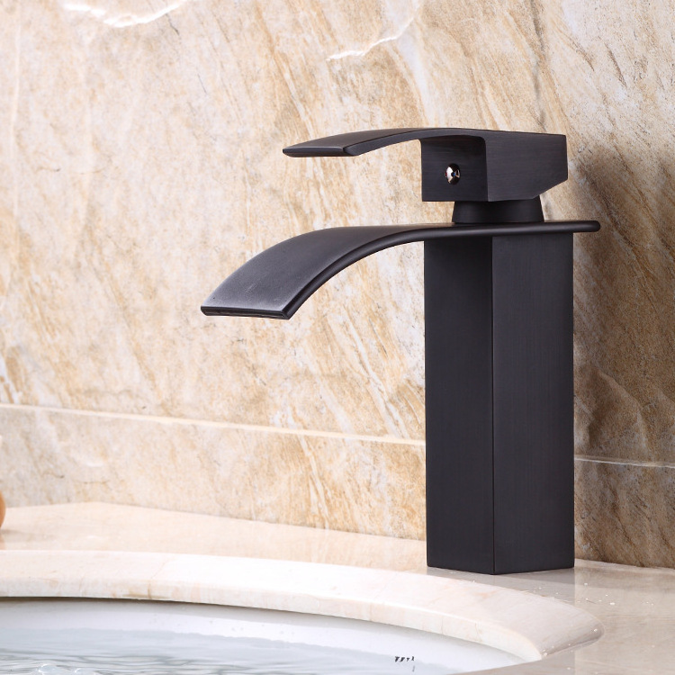 Waterfall Bathroom Sink Faucet, Cold & Hot Water Mixer with Waterfall Spout, Brass Single-handle Vanity Black Faucet Tap