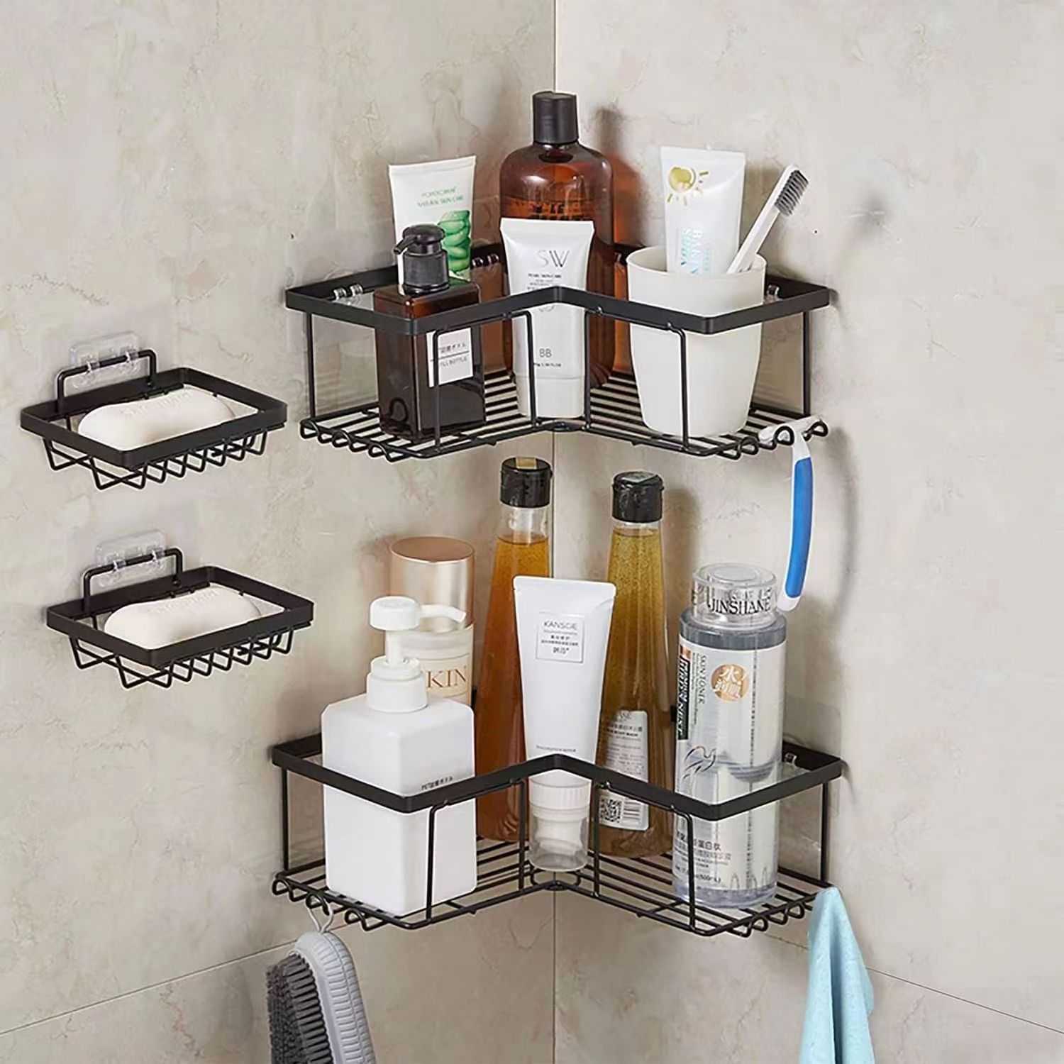 Display rack Triangular bathroom soap rack Solid black iron basket rust-proof stainless steel corner shower caddie bathroom rack