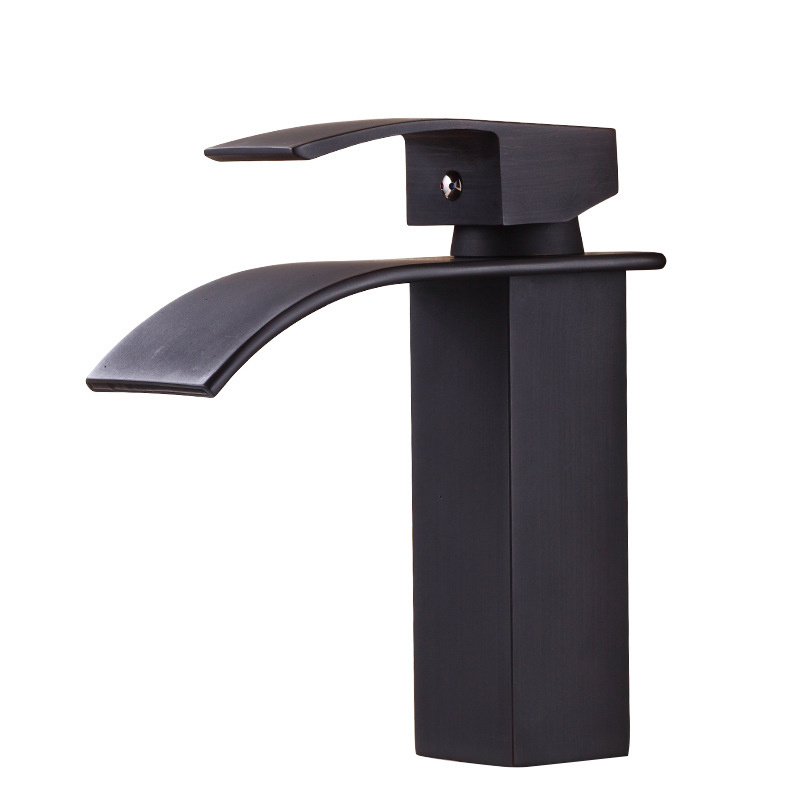 Waterfall Bathroom Sink Faucet, Cold & Hot Water Mixer with Waterfall Spout, Brass Single-handle Vanity Black Faucet Tap