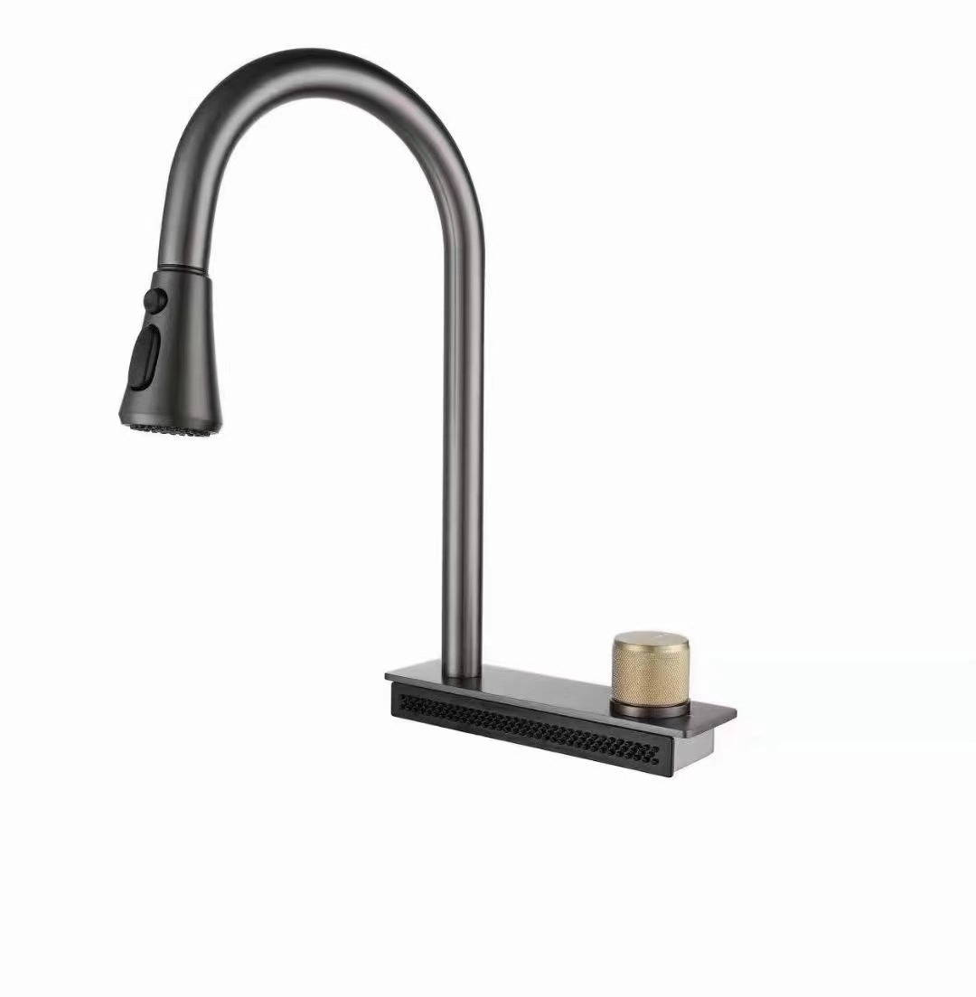 Modern 304 Stainless Steel Smart Pull out Kitchen Sink Faucet Gray Gun Kitchen Faucet Waterfall kitchen faucet