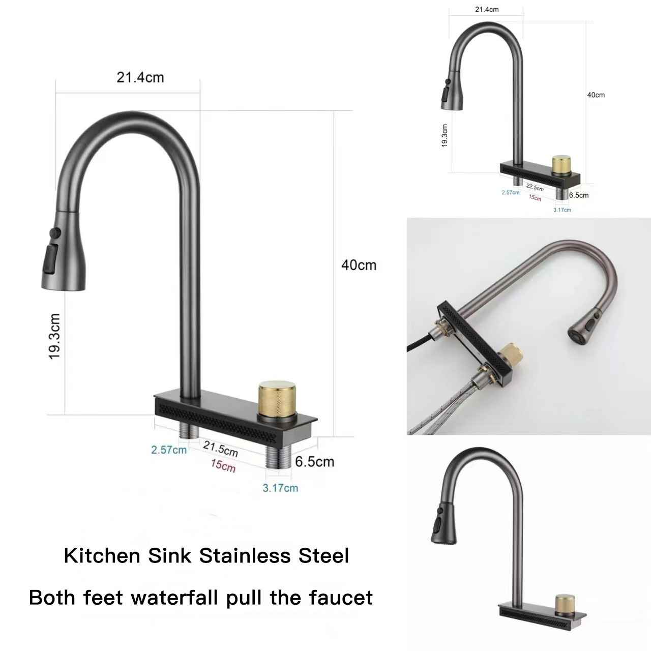 Modern 304 Stainless Steel Smart Pull out Kitchen Sink Faucet Gray Gun Kitchen Faucet Waterfall kitchen faucet