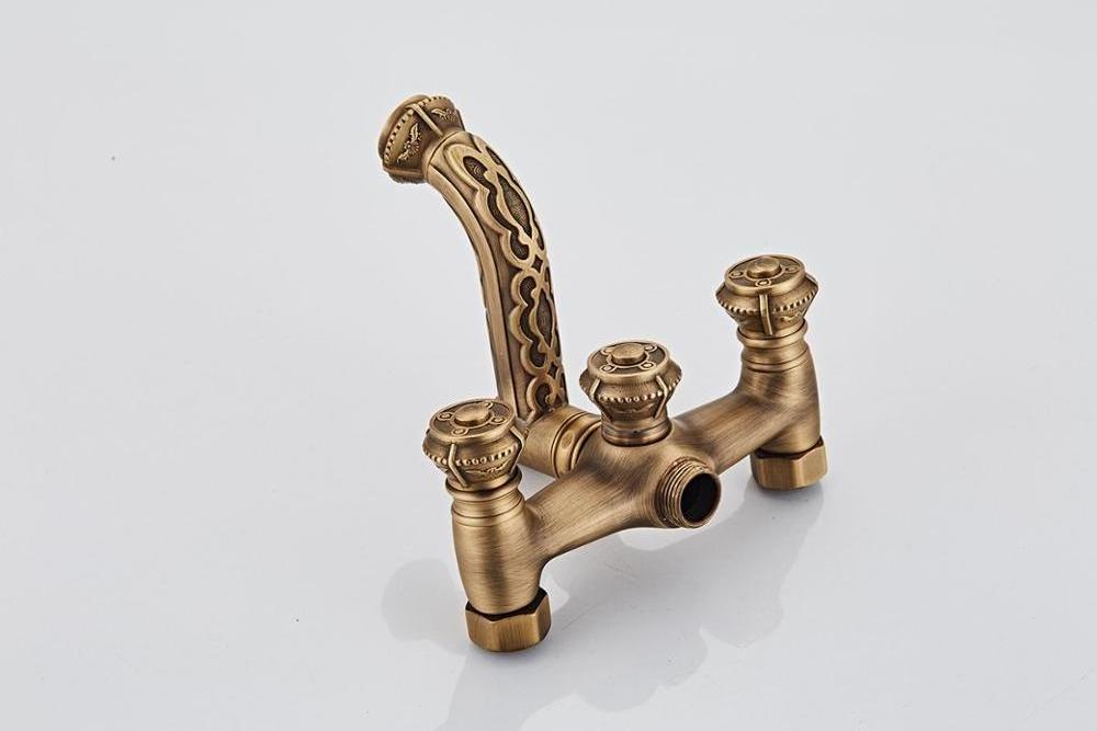 Antique Brass Bathtub Faucet Wall Mounted Shower Mixer Tap with Telephone Hand Shower