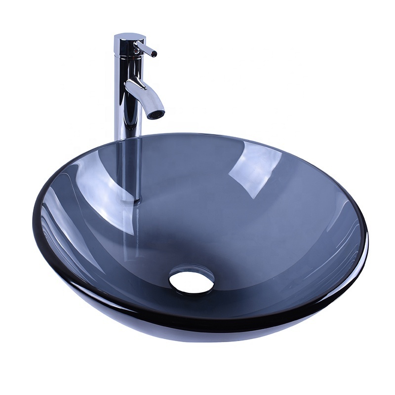 Bathroom Round Glass Vessel Sink Grey Crystal Basin with Faucet Pop-Up Drain