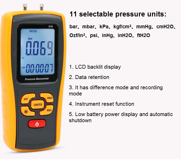 Battery powered Digital differential pressure gauge pressure manometer