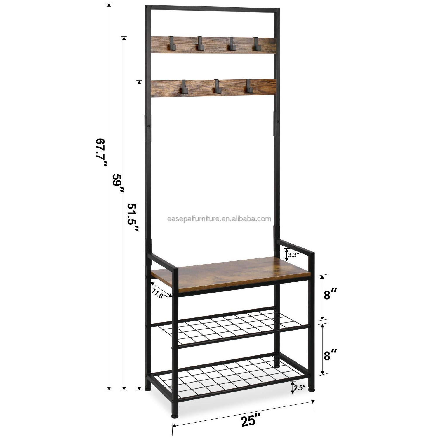 Multi-Functional Coat Rack Hall Tree Modern Entryway Tree Shoe Hat Storage Bench 3-In-1 Coat Rack With Removable Hooks