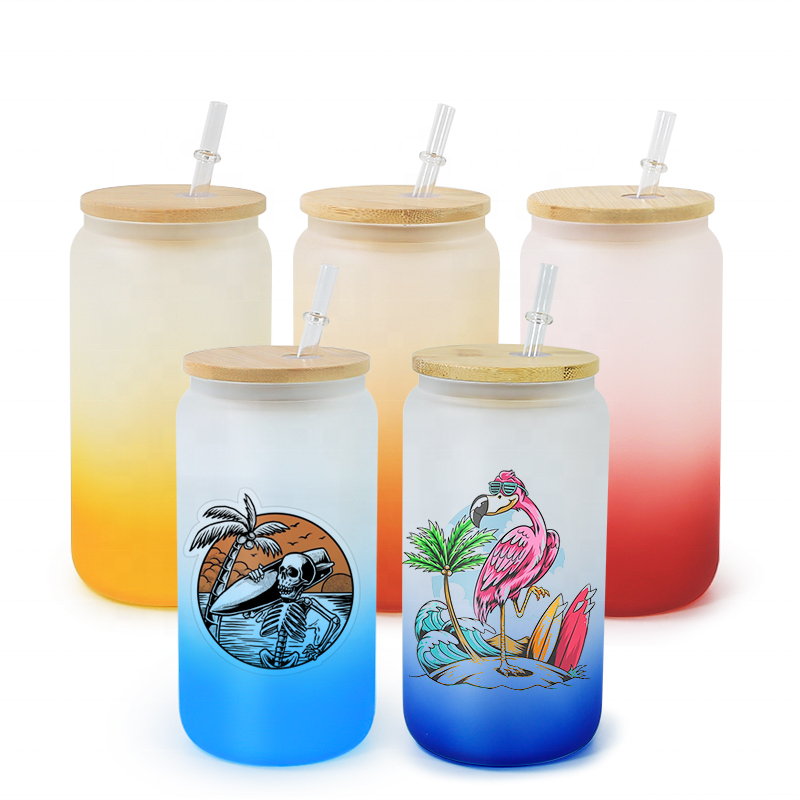 Frosted clear Blank Sublimation 12oz 16oz can Shaped Drinking Gradient Beer Can Glass With Bamboo Lid And Straw