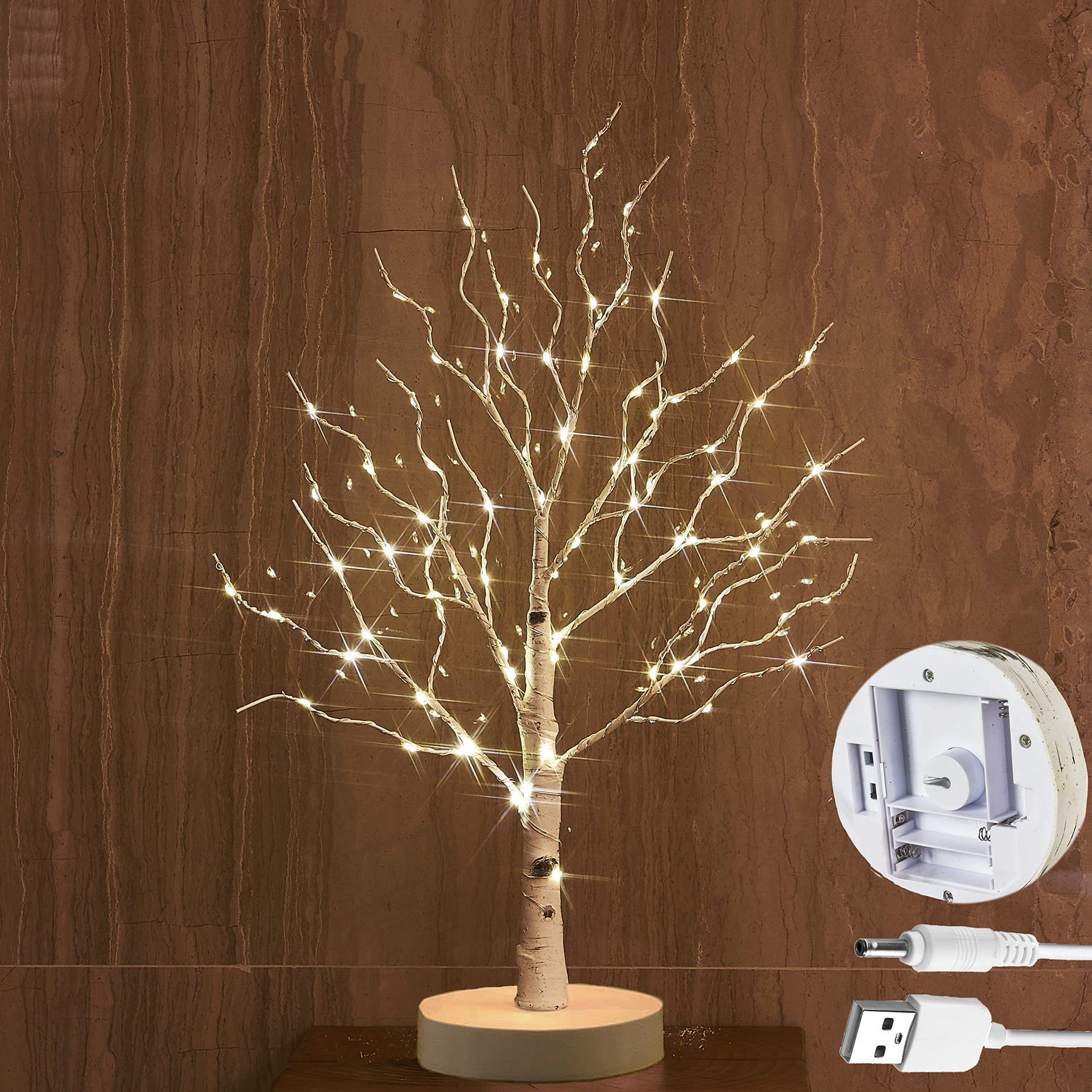 Prelit Tabletop Birch Tree 80L Warm White Fairy Lights 18IN with Timer Battery Operated or USB