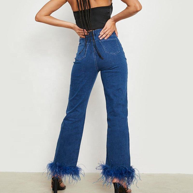 Custom womens jeans 2023 Clothes Women Jeans Feather Trim Straight Leg Jean