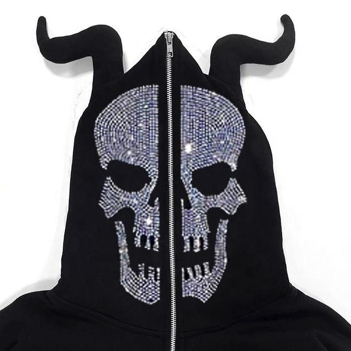 Custom clothing skull skeleton hoodie rhinestone hoodie, full zip up hoodie over face, full zip hoodie full zip up hoodie sample