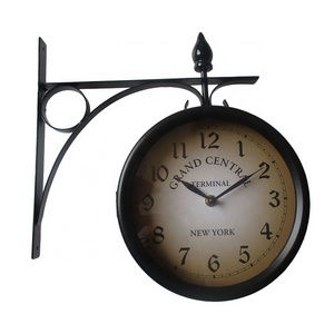 Wrought Iron Antique-Look Round Wall Hanging Double Sided Two Faces Retro Station Clock