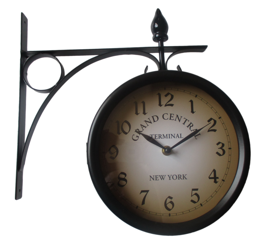 Wrought Iron Antique-Look Round Wall Hanging Double Sided Two Faces Retro Station Clock