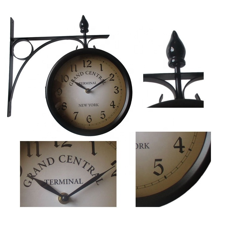 Wrought Iron Antique-Look Round Wall Hanging Double Sided Two Faces Retro Station Clock