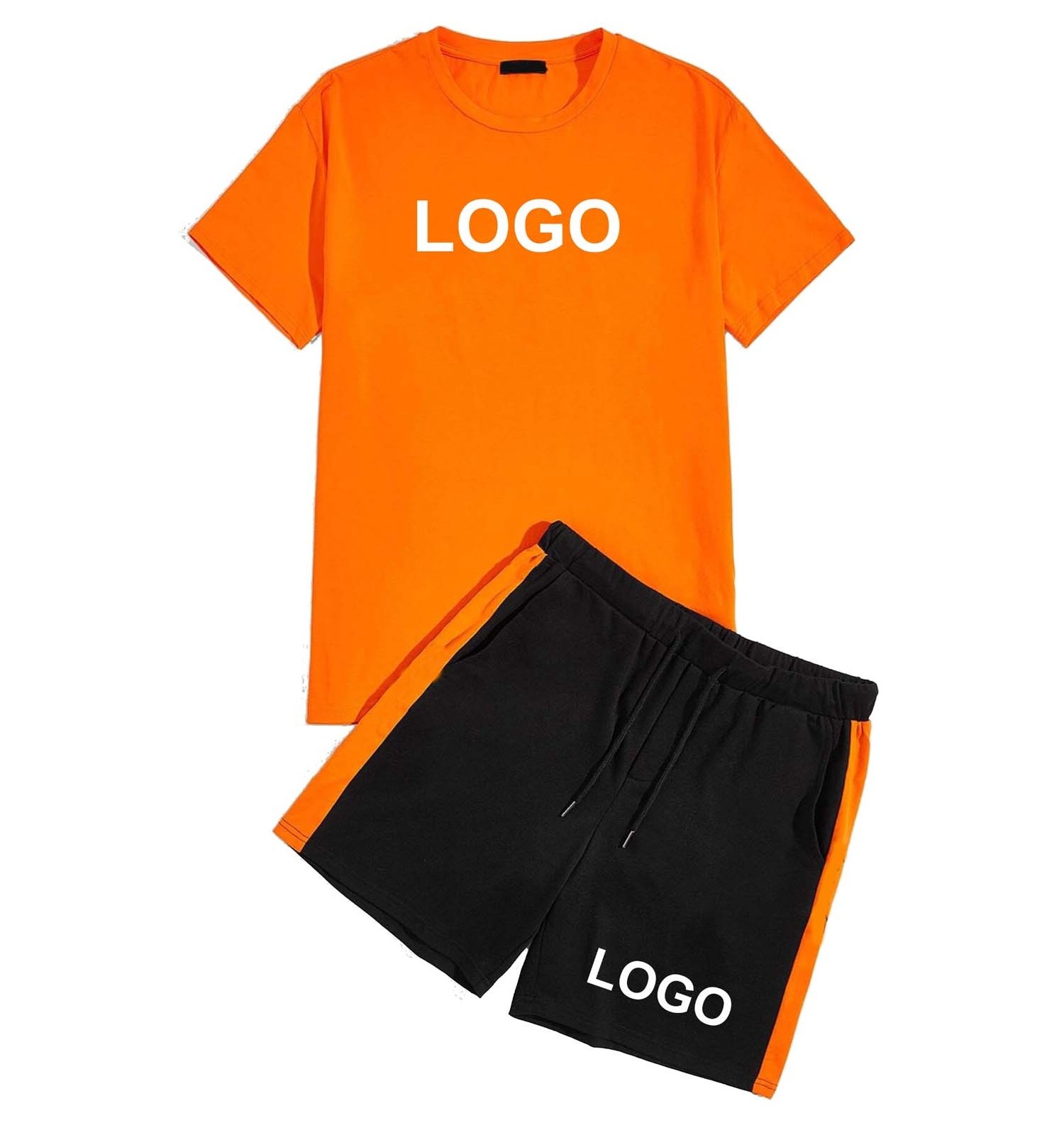 Custom summer jogging mens color block tracksuit street cotton two piece short and t shirt set track suit