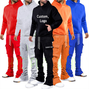 Custom Men Stacked Tracksuits Streetwear Hoodies Two Piece Sets Cargo Joggers Hooded Sweatshirt Track Suit