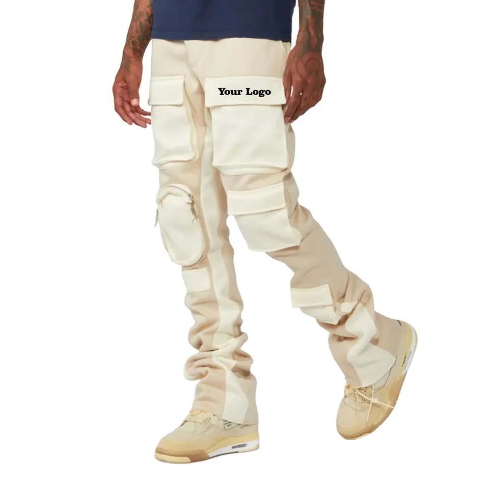 High quality men stacked cargo pocket flared sweatpants custom multi pockets streetwear cargo pants