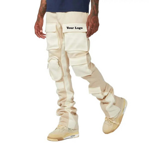 High quality men stacked cargo pocket flared sweatpants custom multi pockets streetwear cargo pants