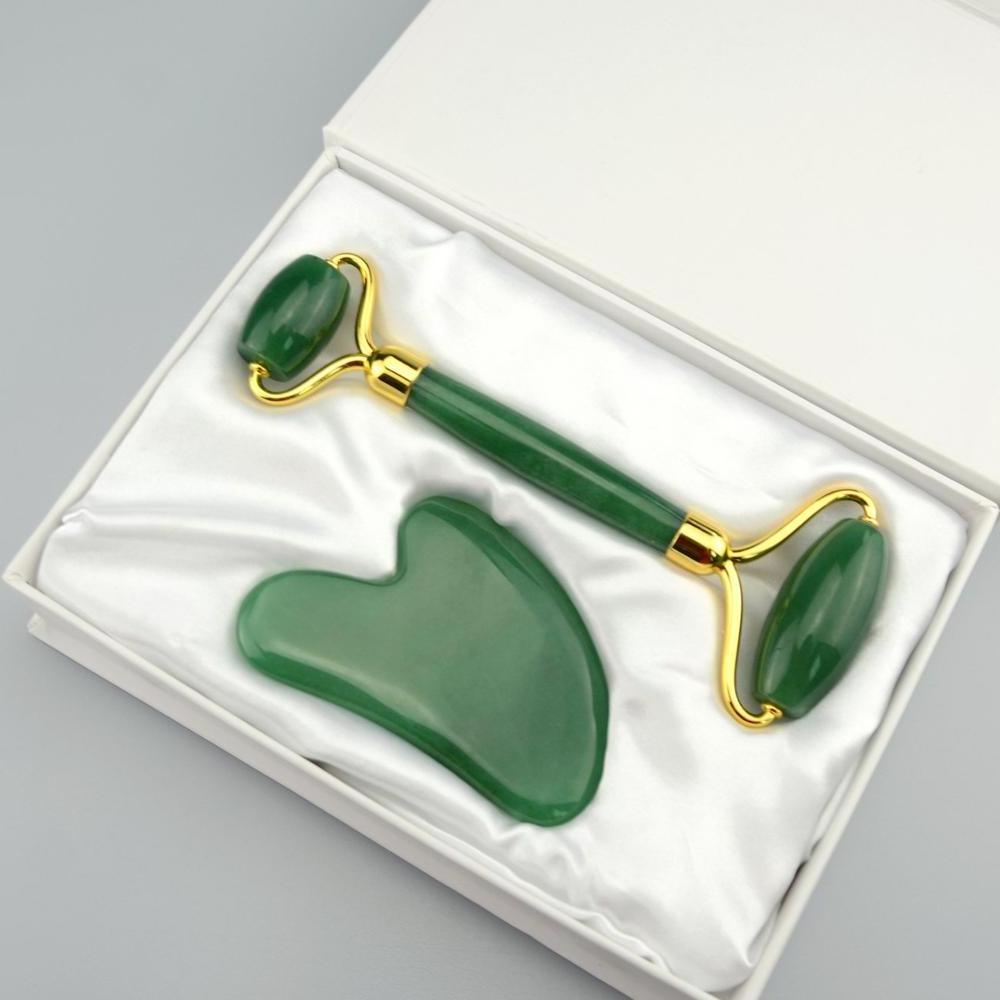 Beauty Massager Jade Roller Gua Sha Set Skincare Custom Logo Green 100% Natural Jade Stone Stainless Steel Jade Roller 10 Pcs