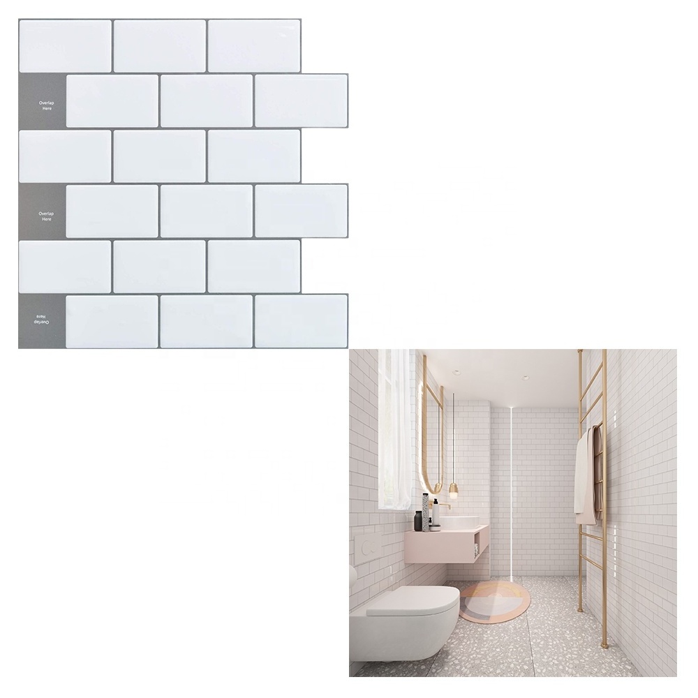 PU Self-adhesive Sticker Waterproof 3D Peel and Stick Wall Tile white Subway square Tile Backsplash Kitchen bathroom Brick Tile