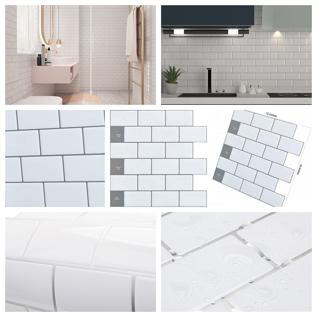 PU Self-adhesive Sticker Waterproof 3D Peel and Stick Wall Tile white Subway square Tile Backsplash Kitchen bathroom Brick Tile