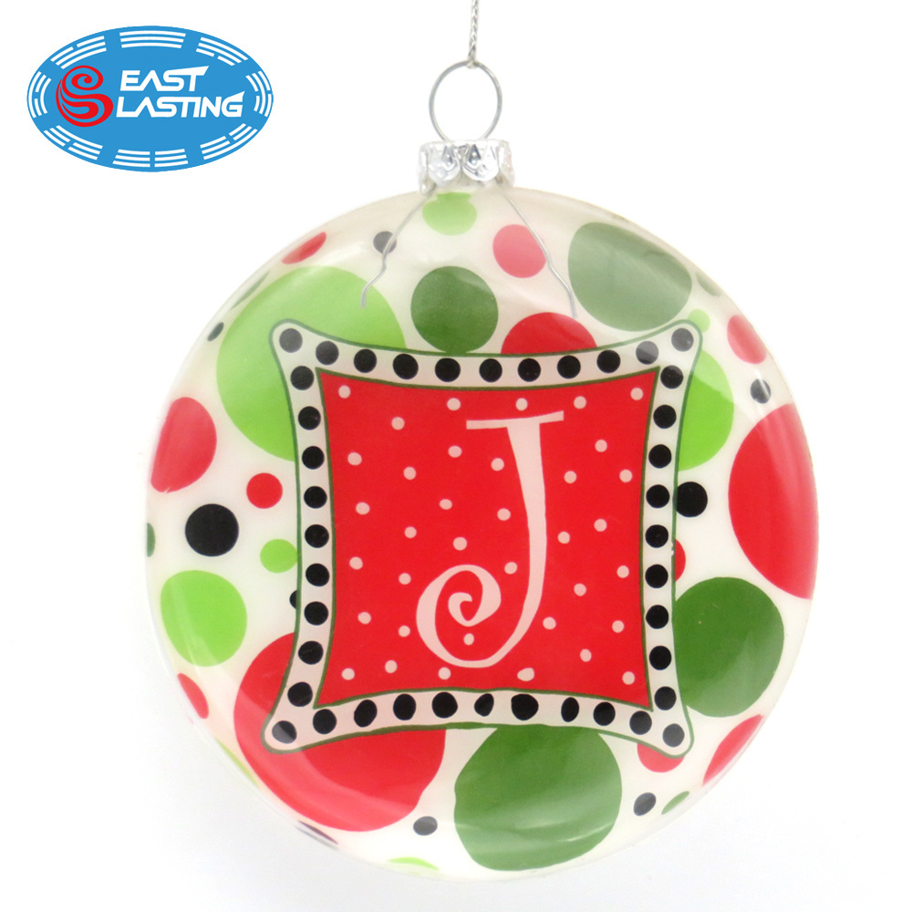 Initial Round Flat Christmas Glass Ball Ornaments, Hanging Xmas Baubles