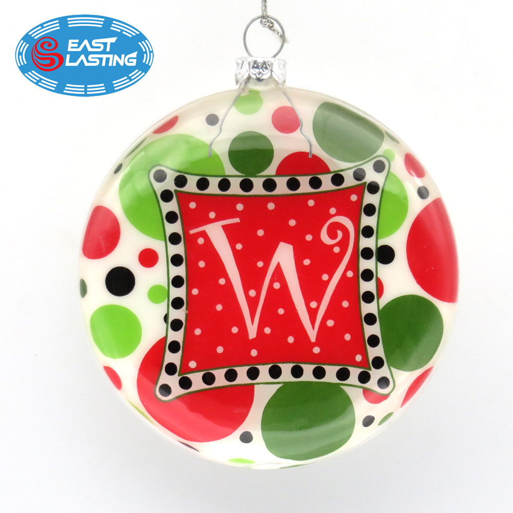 Initial Round Flat Christmas Glass Ball Ornaments, Hanging Xmas Baubles