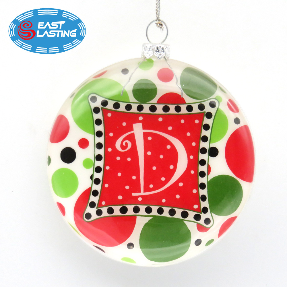 Initial Round Flat Christmas Glass Ball Ornaments, Hanging Xmas Baubles