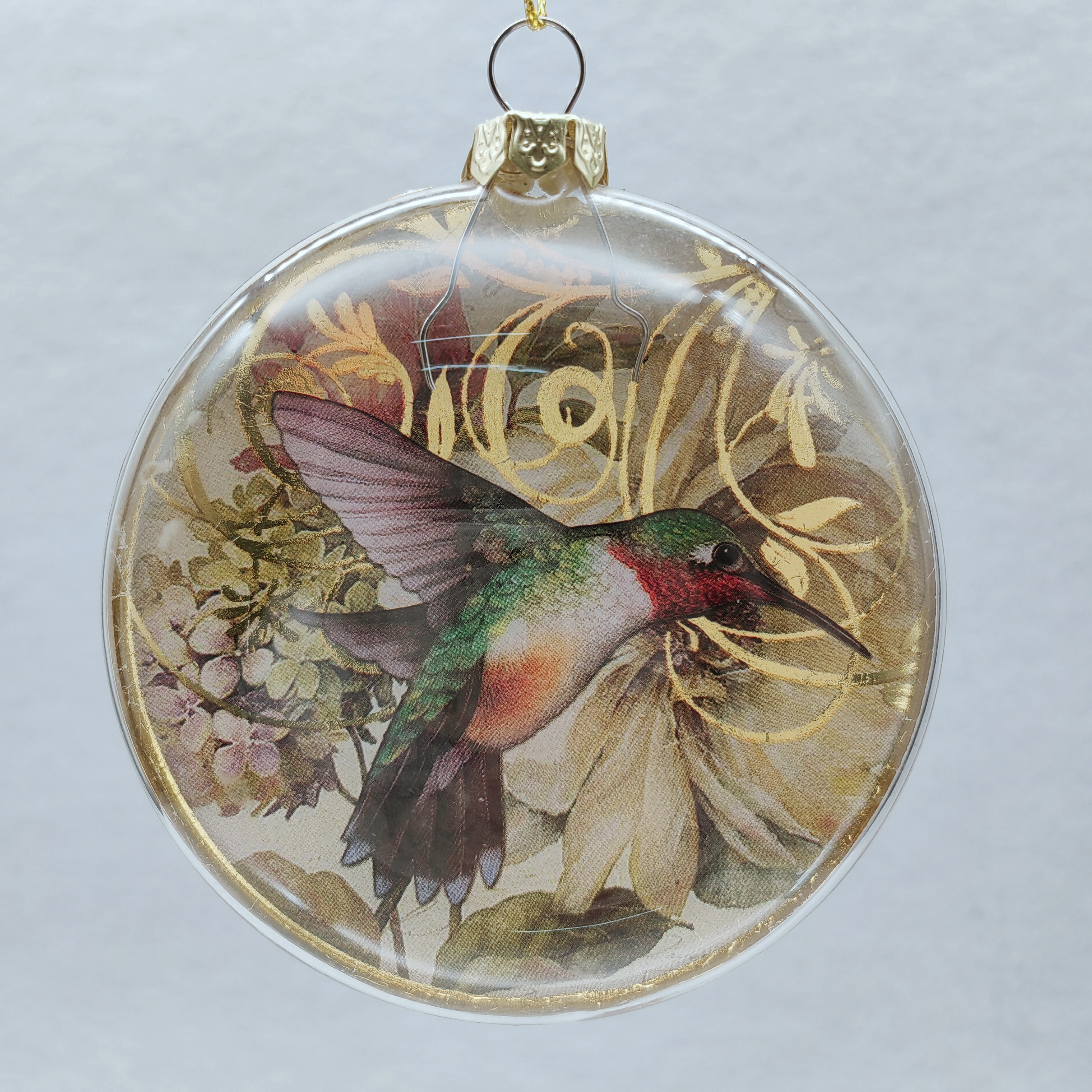 Hummingbird glass flat round ball ornament for christmas decoration