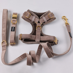 Manufactures New Fashion Velvet Dog Harness Collar and Leash Gold Metal Custom High-end Soft Velour Dog Harness Set