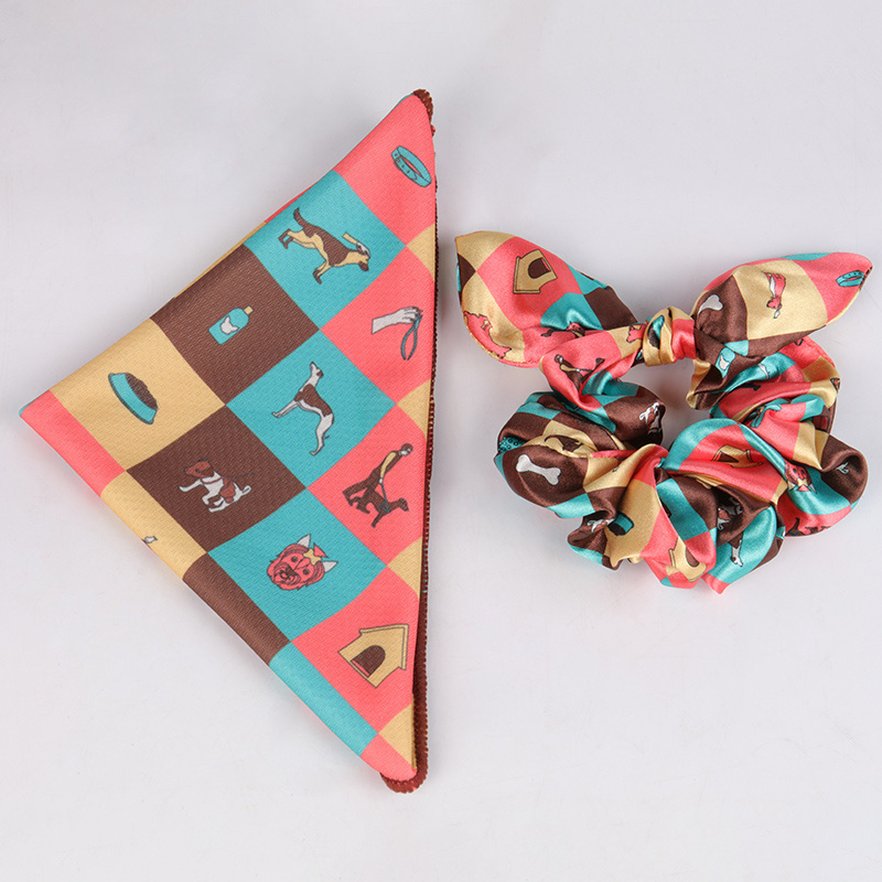 Okeypets Wholesale High Quality Dog Bandana Scrunchie Matching Set Custom Print  Luxury Scarf Pet Bandana Collar Bow Tie Set