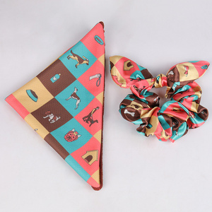 Okeypets Wholesale High Quality Dog Bandana Scrunchie Matching Set Custom Print  Luxury Scarf Pet Bandana Collar Bow Tie Set