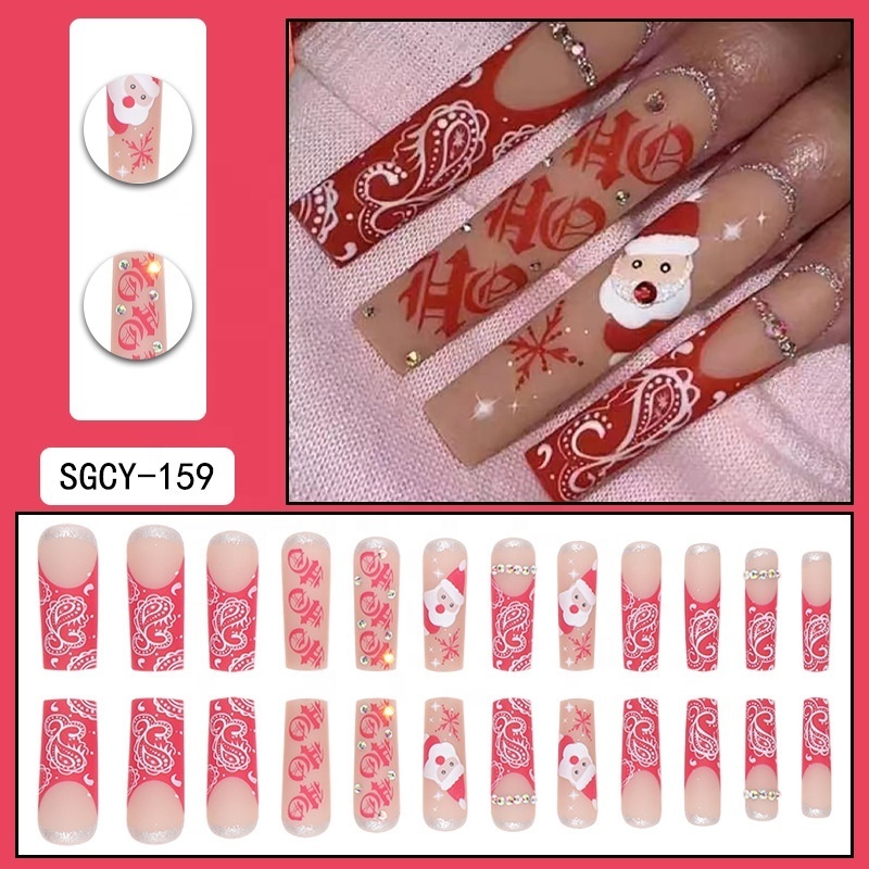 Hot sale Christmas 24 pcs artificial fingernails set adhesive stick on nails tips kit short false nails