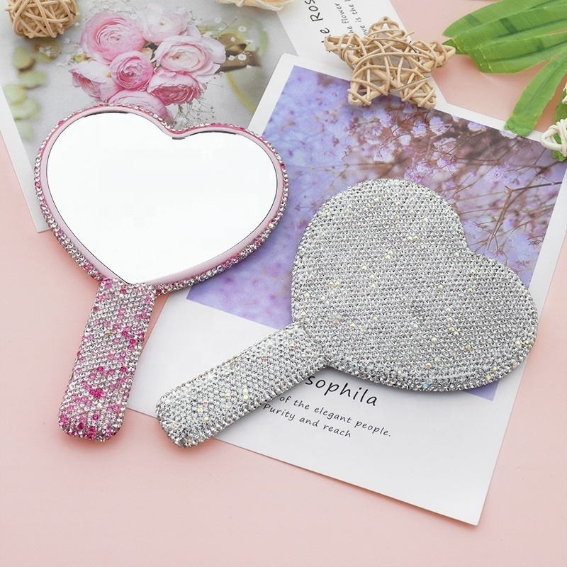 Makeup Mirror Wholesale Custom Heart Handheld Mirror Bling Diamond Rhinestone Personalized Silver Pocket Hand Mirror