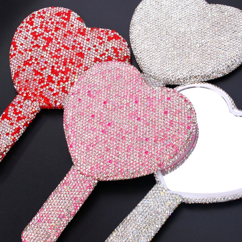 Makeup Mirror Wholesale Custom Heart Handheld Mirror Bling Diamond Rhinestone Personalized Silver Pocket Hand Mirror