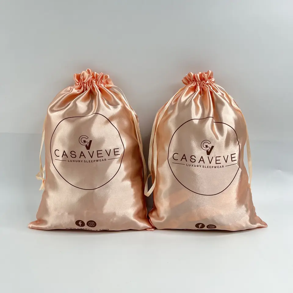 Custom Printed Small Silk Drawstring Bags Brown Satin Pouch For Hair Packaging