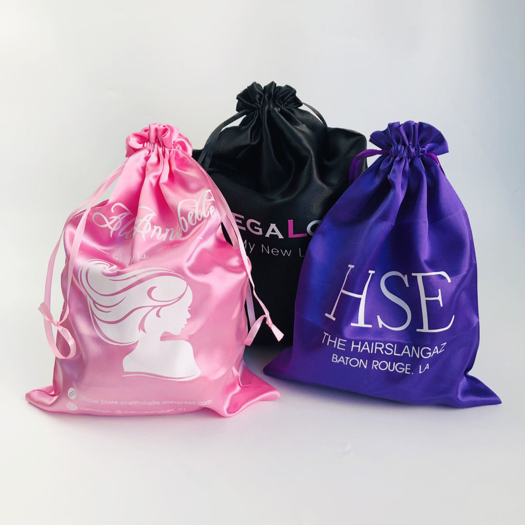 20pcs luxury wholesale Custom logo silk drawstring satin bags for wig packaging/oem Packaging bags