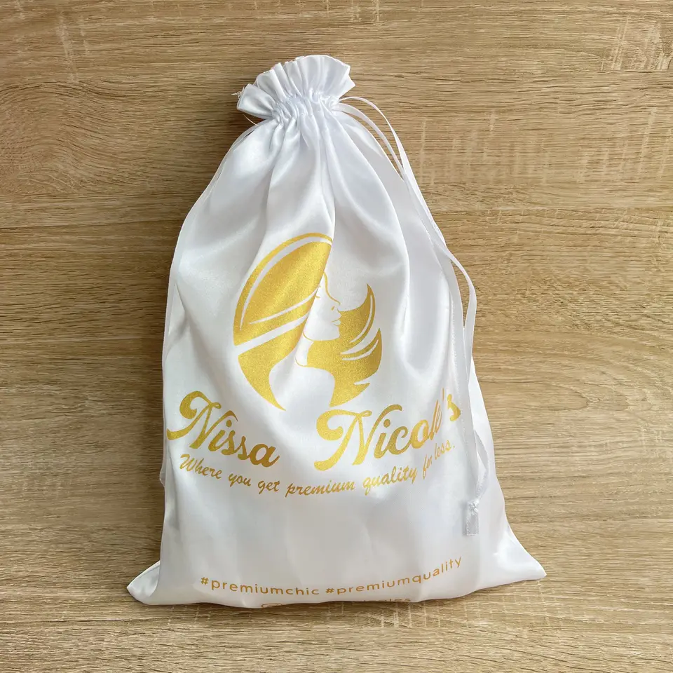 Custom Printed Small Silk Drawstring Bags Brown Satin Pouch For Hair Packaging