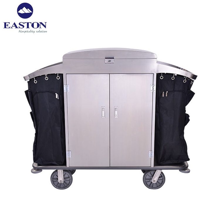 Durable hotel Stainless Maid Housekeeping Trolley with Two Durable Bags