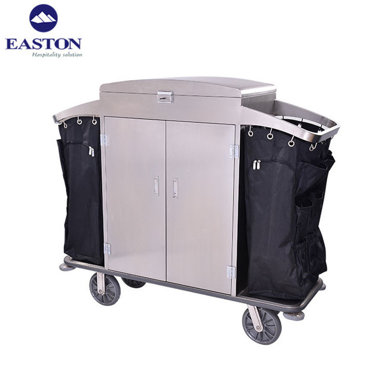 Durable hotel Stainless Maid Housekeeping Trolley with Two Durable Bags