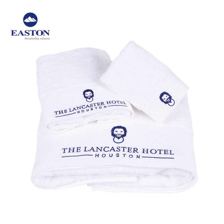 Luxury white color 5 star hilton hotel luqury bath towel set for hotel,hotel balfour spa towels with logo embossed