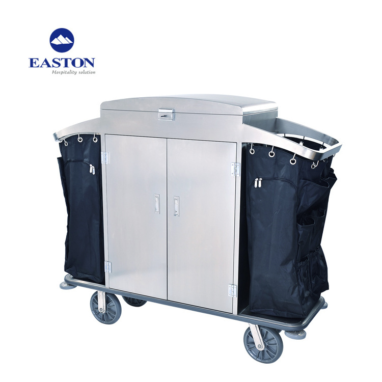 Durable hotel Stainless Maid Housekeeping Trolley with Two Durable Bags