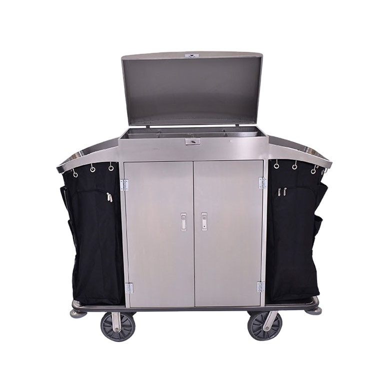 Durable hotel Stainless Maid Housekeeping Trolley with Two Durable Bags