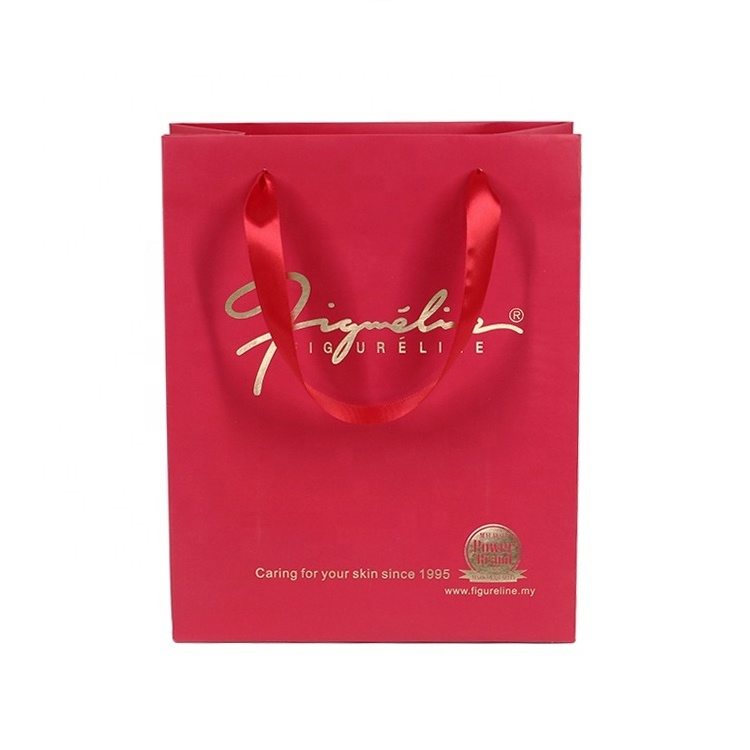 A4 Size Cosmetic Boutique Gift Ribbon Gold Foiled Red Printed Customize Small Paper Bag